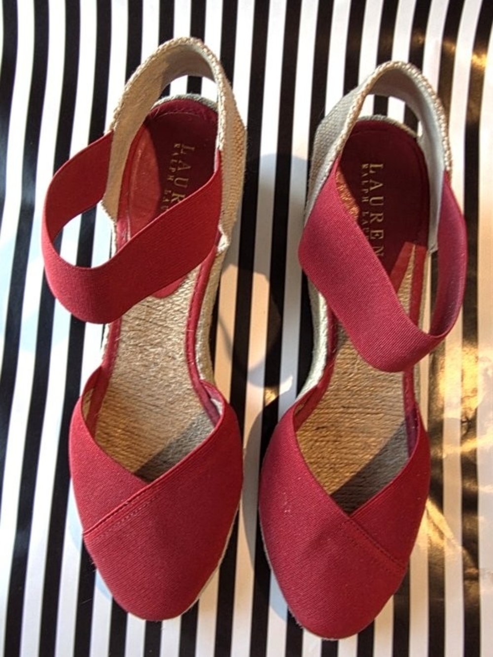 Lauren Ralph Lauren Red Espadrille Wedge Sandals with Elastic Strap - Picture 6 of 8